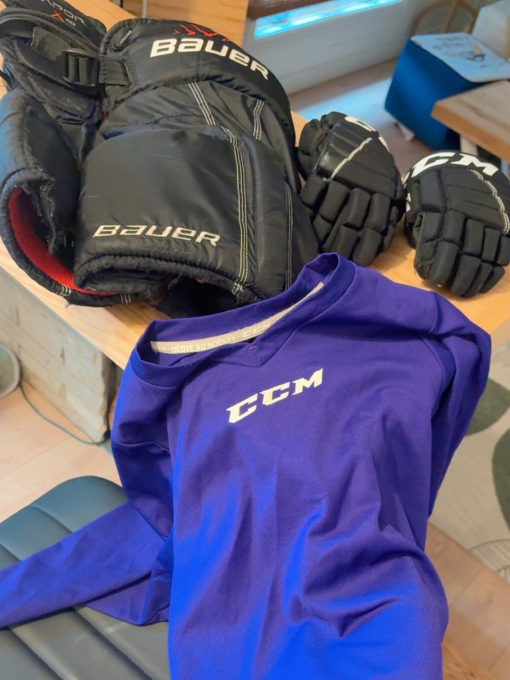 CCM Purple Performance Hockey Jersey, CCM gloves and Bauer xvapour pants